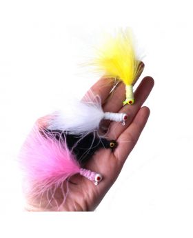 LENPABY 16 pcs 3cm-3.5g  White/yellow/black/pink Color Fishing Marabou Jigs Crappie Jigs Lures Kit Fishing Lead Head Hook with Feather Marabou Chenille for Bass Pike Walleye Ice Fly Fishing